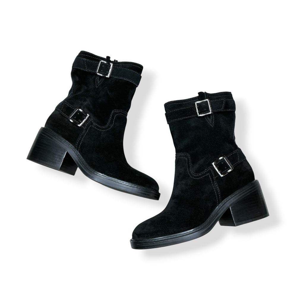 Vince Camuto Boots Women 7M Black Suede Leather Buckle Biker Moto Block Heel